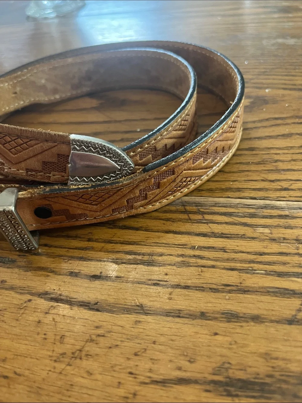 Western Tooled Leather Belt with Silver-Tone Buckle - Brown
